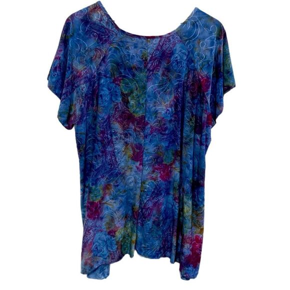 BRITTANY BLACK Tunic Women’s 2X Blue Purple Floral Short Sleeve Shark Bite Top. - Picture 3 of 10
